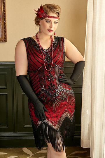 Rød pluss størrelse 1920-tallet Gatsby kjole med 20s Acessories Set